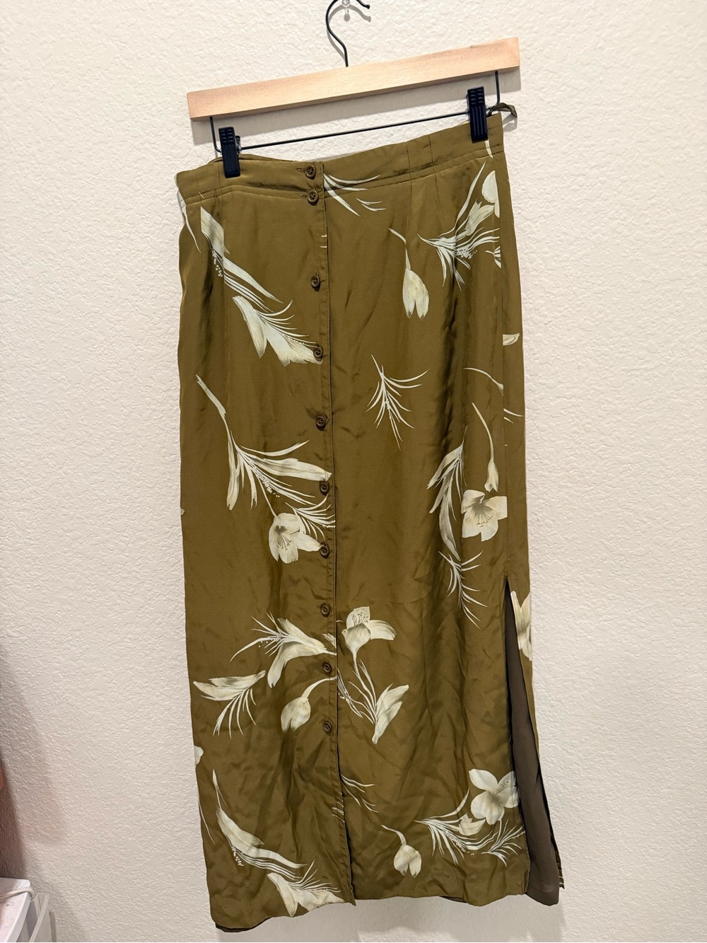Liz Claiborne Olive Green Floral Button-Front Maxi Skirt